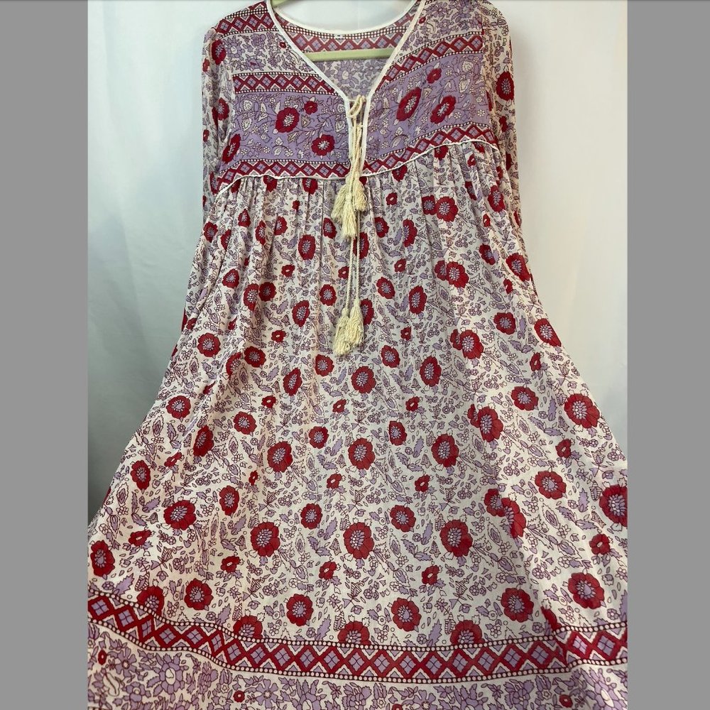 Boho Lilac and Maroon Floral Print, Long Peasant Sleeves, Lightweight Dress